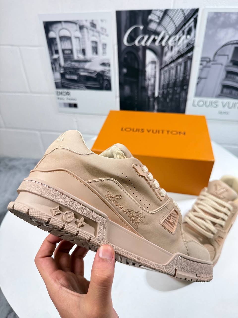 Louis Vuitton LV Trainer Distressed Triple Beige Mens Best Sale UK Reps AAA Quality