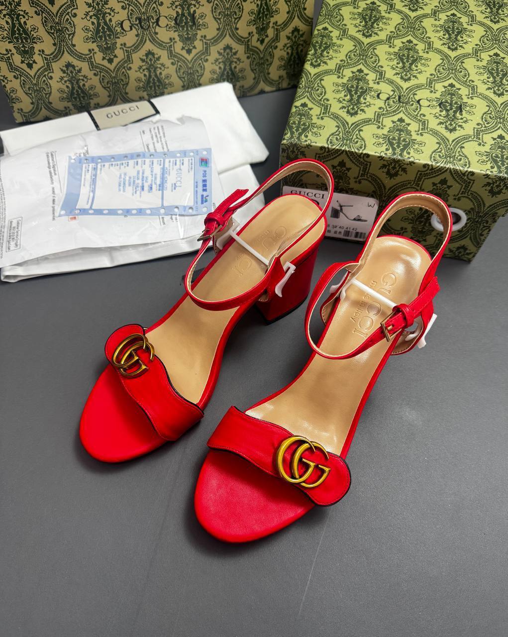 Gucci GG Marmont Metallic Leather Mid-Heels Sandals Women's Red Color UK Replica AAA Quality