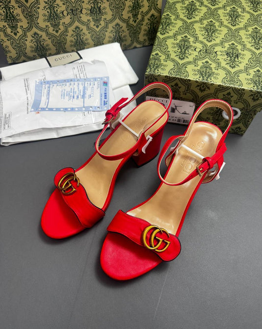 Gucci GG Marmont Metallic Leather Mid-Heels Sandals Women's Red Color UK Replica AAA Quality