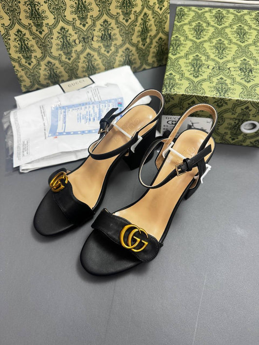 Gucci GG Marmont Metallic Leather Mid-Heels Sandals Women's Black Color UK Replica
