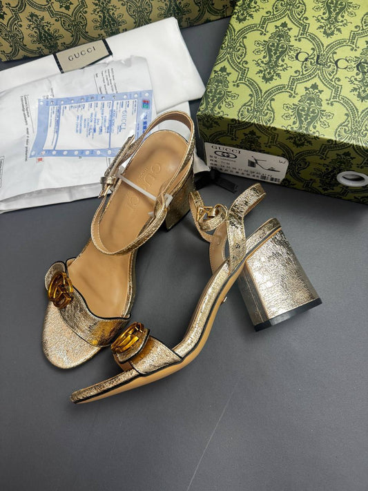 Gucci GG Marmont Metallic Leather Mid-Heels Sandals Women's Golden Color UK Replica