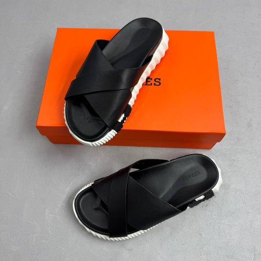 Hermes Infra Calfskin Sliders Black Mens Best Sale UK Reps