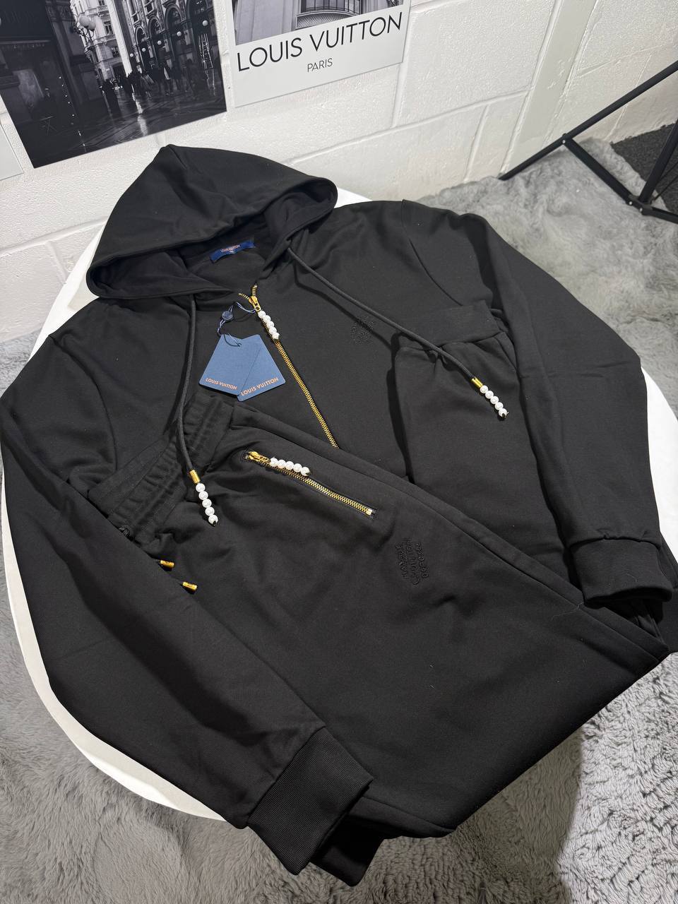 Louis Vuitton Crystal Embroidered Zipped Jersey Tracksuit Mens in Black Color Best Sale UK Reps AAA Quality