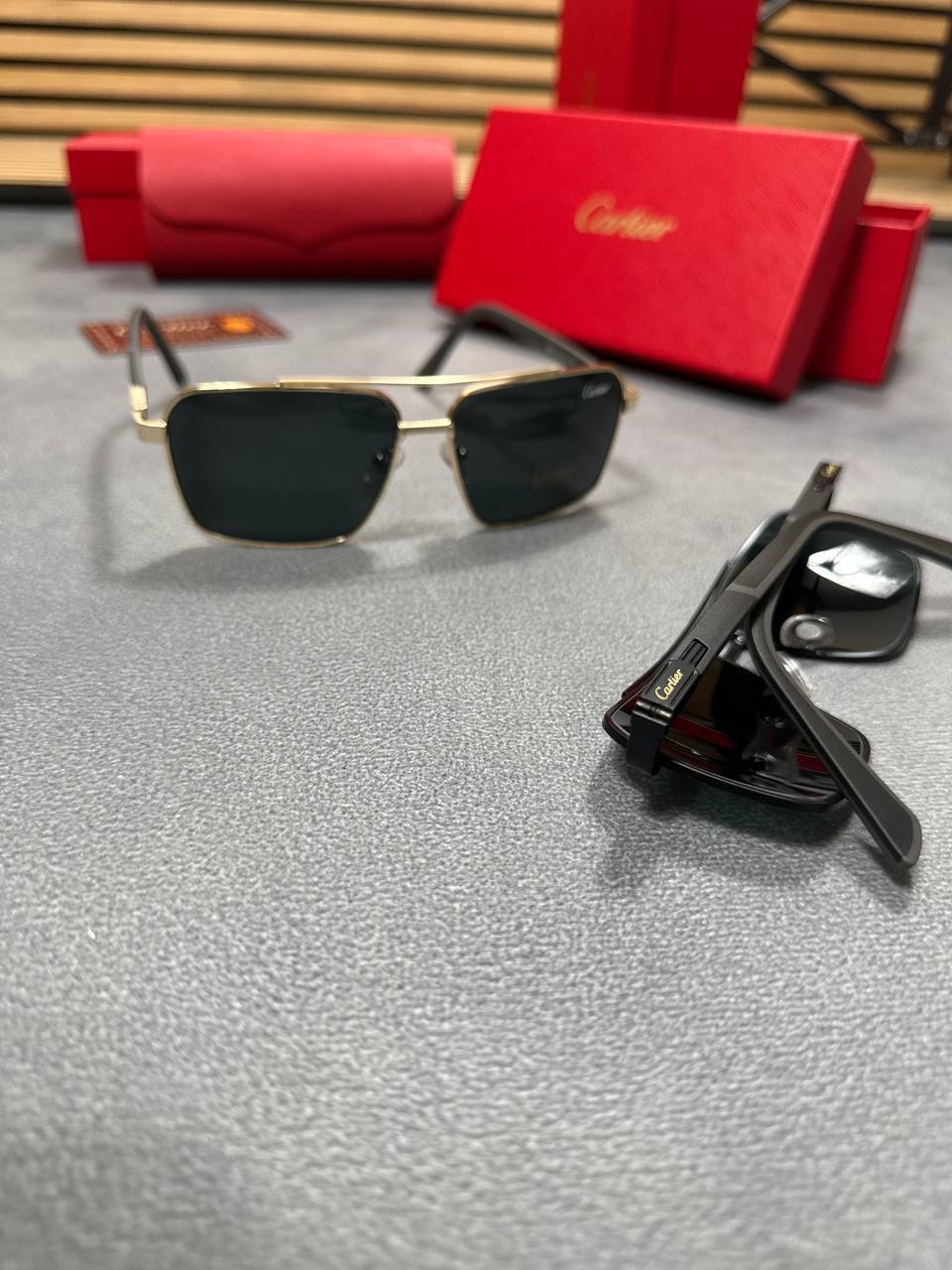 Cartier Metal Wooden Texture Sunglasses with Case Square Mens in 2 Colors Best Sale UK Reps