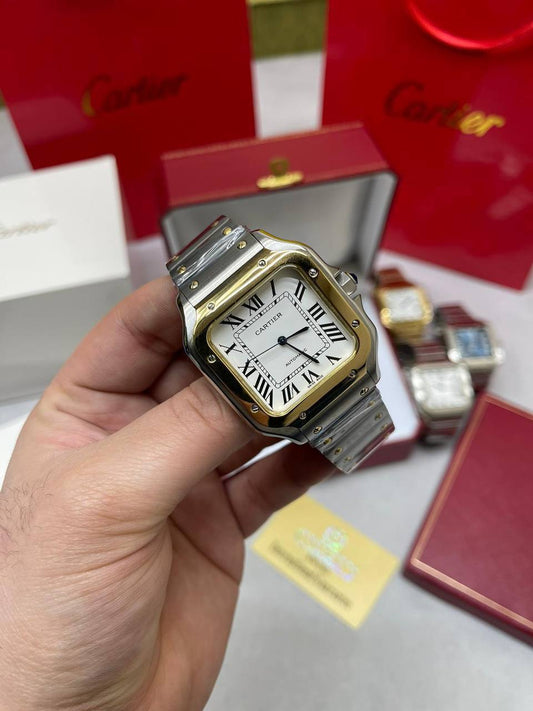 Cartier Santos Two Tone Yellow Gold White Dial Square Mens Watch UK Reps AAA Quality