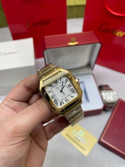 Cartier Santos Yellow Gold White Dial Square Watch Men's UK Replica AAA Quality