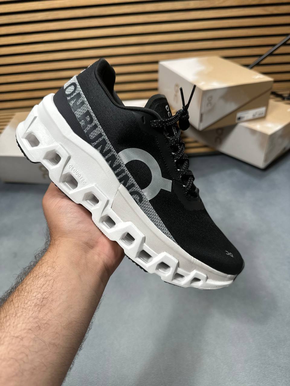 On Running Cloudmonster 2 Trainers Mens in Black/White Best Sale AAA Quality UK Reps