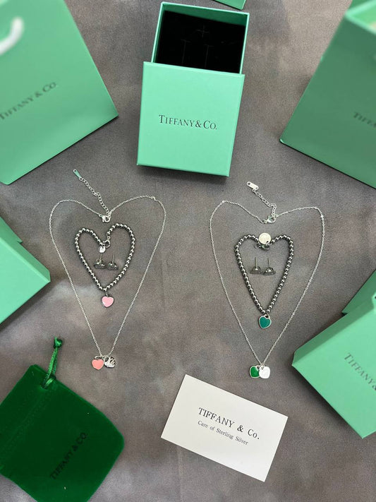 Tiffany & Co Return to Heart Double Mini Pendant Necklaces & Earrings & Bracelets Sets Women's in 2 Colors UK Reps AAA Quality