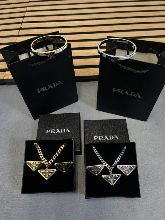 Prada Authentic Black Triangle Logo Fashion Necklaces & Earrings & Bracelets Sets Womens in 2 Color Best Sale UK Reps