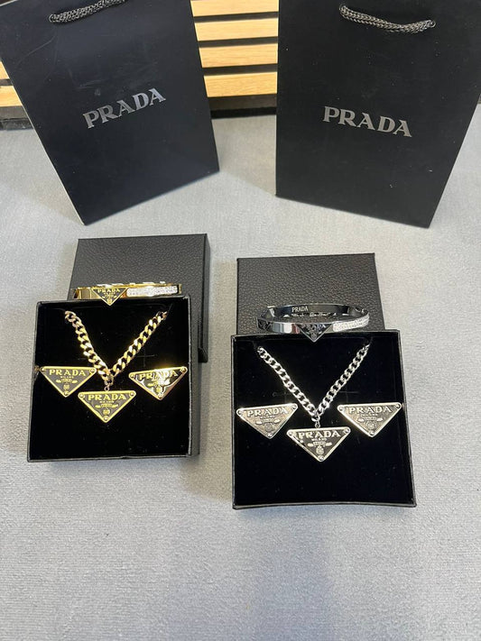 Prada Authentic Black Triangle Logo Fashion Necklaces & Earrings Sets Womens in 2 Color Best Sale UK Reps