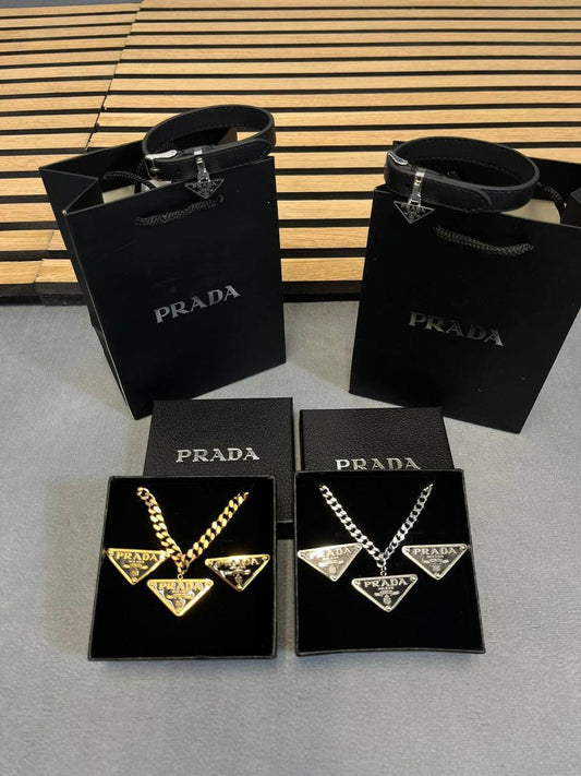 Prada Authentic Triangle Logo Fashion Jewellery Necklaces & Earrings & Bracelets Sets Womens in 2 Colors Best Sale UK Reps