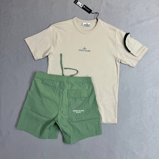 Stone Island Short Sleeve 'Camo One' Compass-print Cotton T-Shirts & Shorts Sets Men's UK Reps AAA Quality