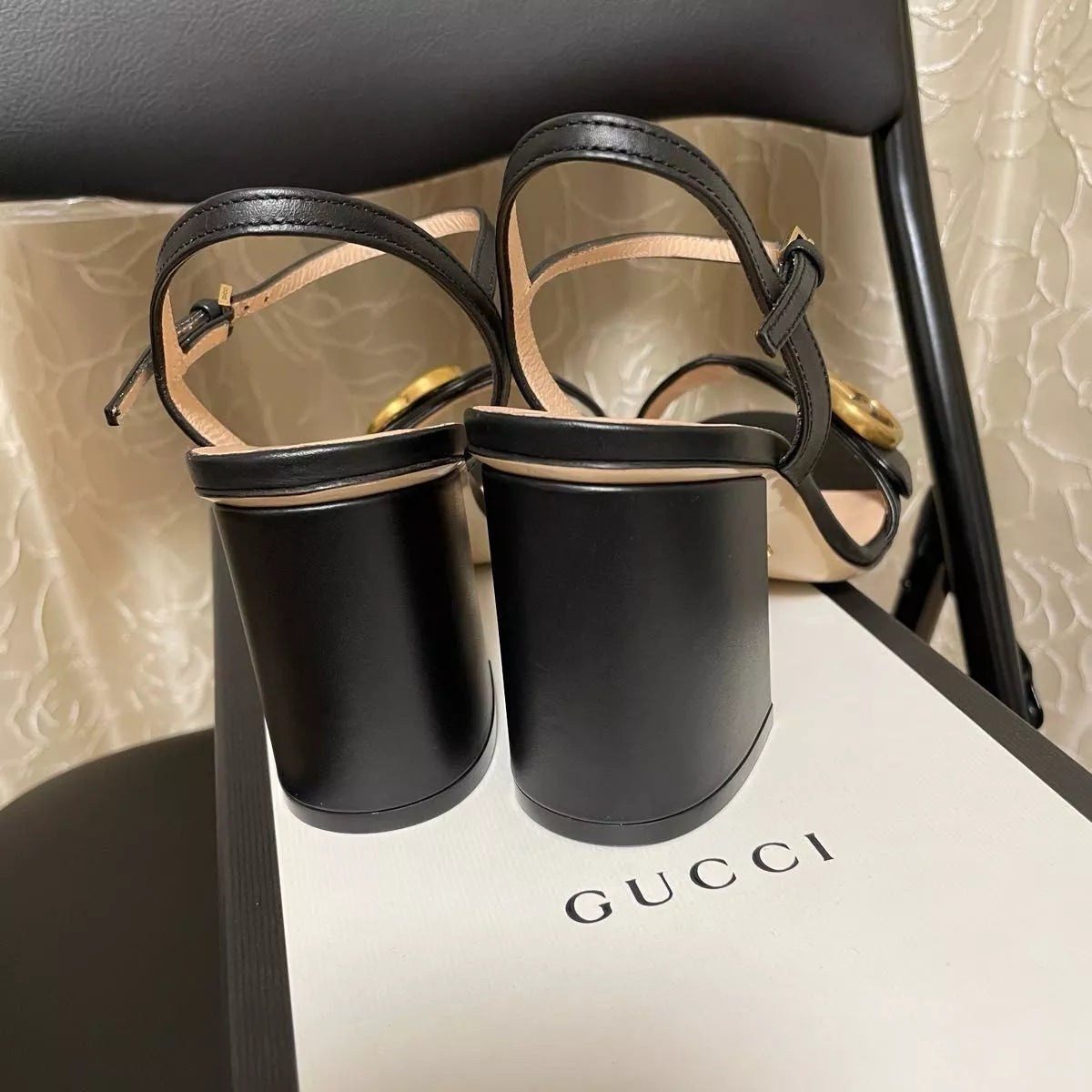 Gucci Marmont GG Black Leather Mid Heels Sandals Shoes Pumps for Women's UK Sale
