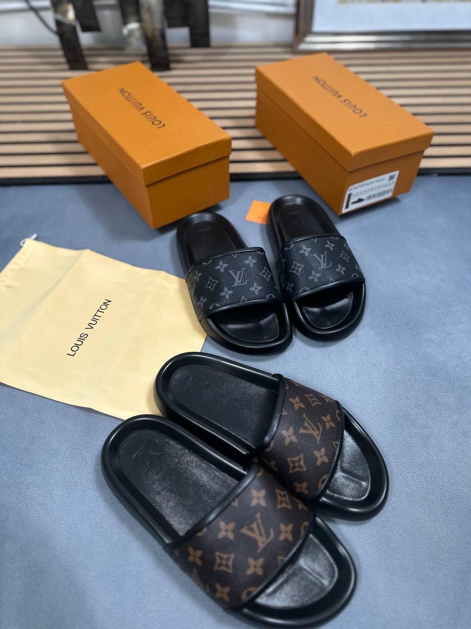 Louis Vuitton Black & Brown Monogram Waterfront Sliders For MEN Sale UK