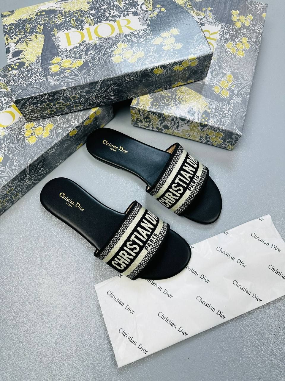 Christian Dior Paris Dway Slides/ Sandals Women's In Black Floral Sale UK