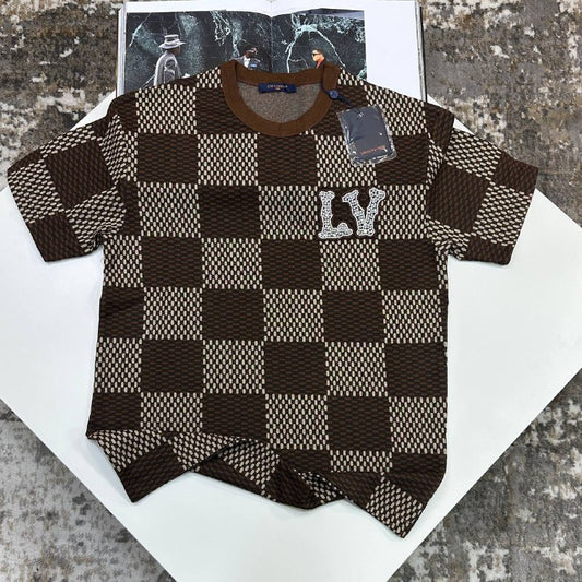 Louis Vuitton Short-Sleeved Cotton Damier Crewneck with Crystal LV Patch UK Reps AAA+ Quality