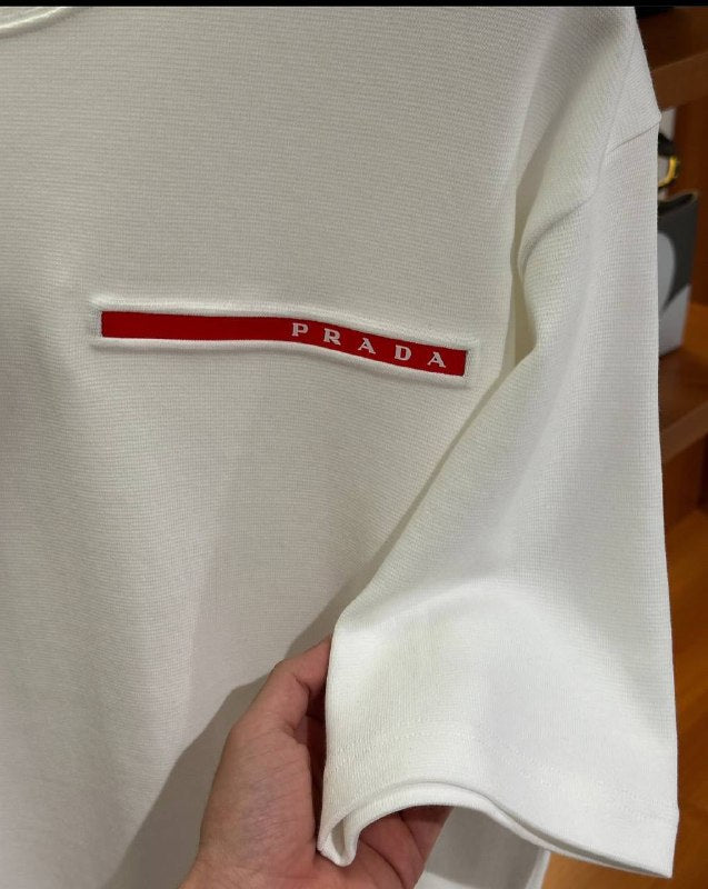 Prada Linea Rossa Men's White Piqué Cotton Red Logo Stripe T-Shirt AAA Quality Reps UK