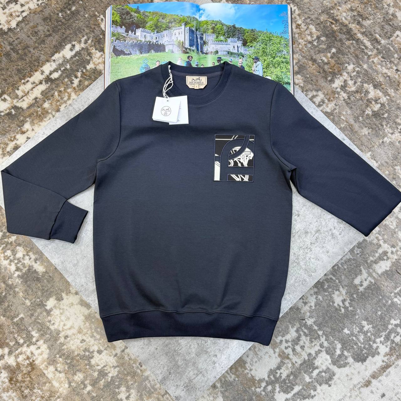 Hermès Men's Collection "Ex-Libris" Crewneck Grey Sweatshirt UK Reps AAA Quality