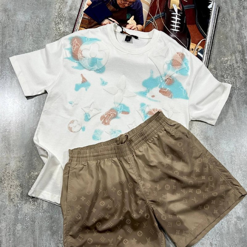 Louis Vuitton 3D Embossed Watercolor T-Shirt & Monogram Shorts Set AAA Quality UK Reps
