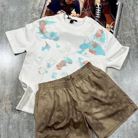 Louis Vuitton 3D Embossed Watercolor T-Shirt & Monogram Shorts Set AAA Quality UK Reps