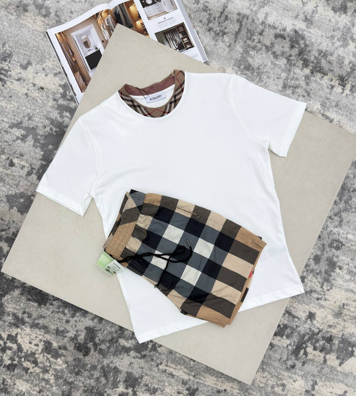 Burberry Men's Summer Set: Check Trim T-Shirt & Swim Shorts AAA Quality UK Reps