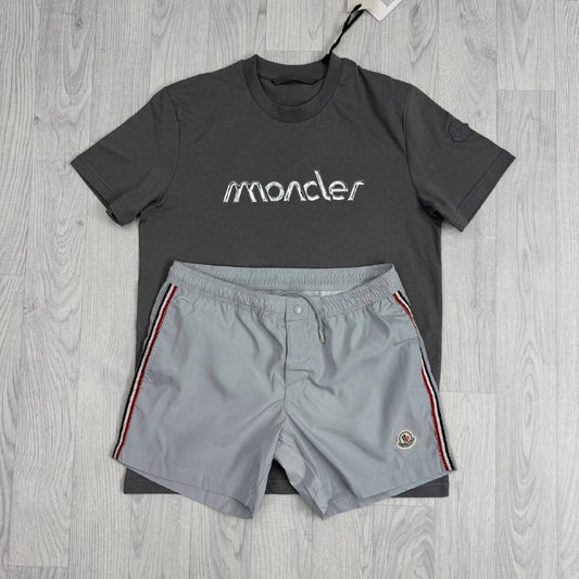 Moncler Men's Matching Luxury Summer Script Tee & Tricolor Swim Shorts AAA Quality Reps UK