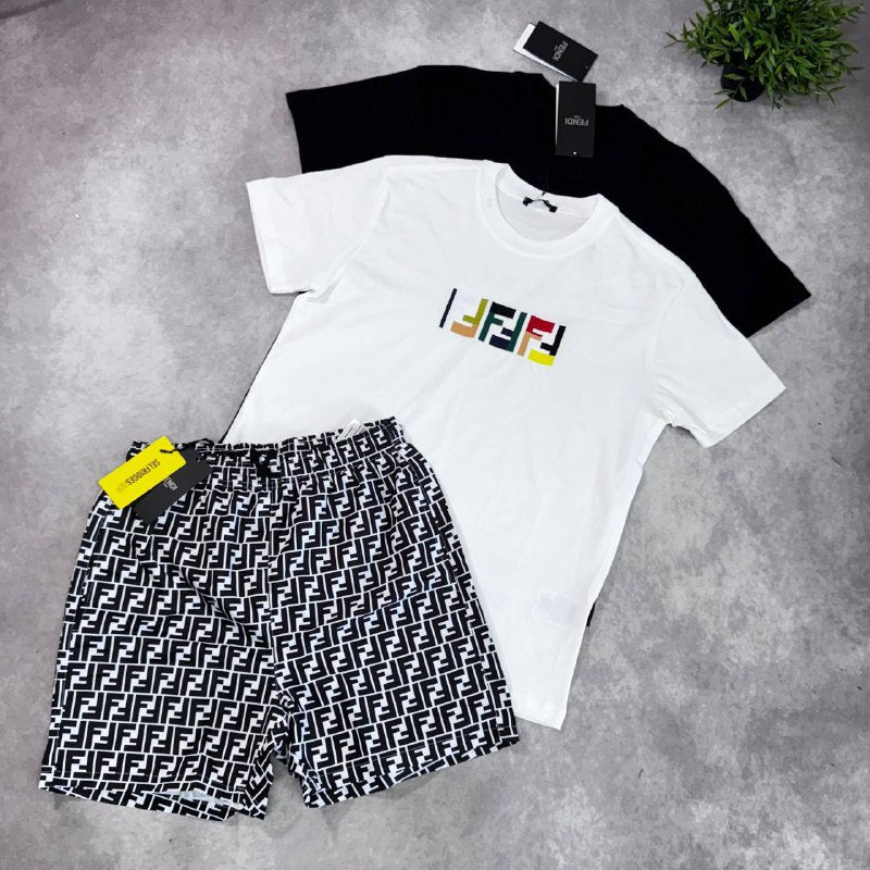 Fendi Men's Luxury Summer Outfit Multicolor FF Logo T-Shirt & Monogram Shorts AAA Quality Reps UK