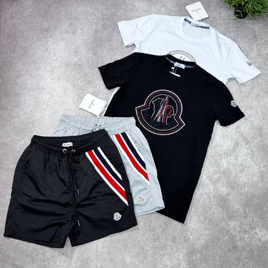 Moncler Men's Big Logo Graphic Tee and Tricolor Swim Shorts Set AAA Quality Reps UK