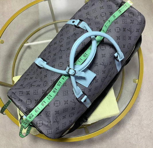 Louis Vuitton Keepall Bandouliere 55 - Monogram Eclipse Reverse with Turquoise Leather Trim UK Reps AAA Quality