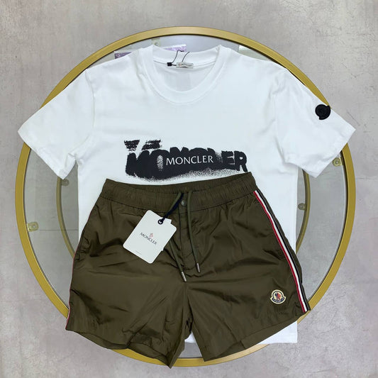 Moncler Casual Summer Coordinates Set - White Graphic Tee & Khaki Shorts SuperClone Quality UK Reps