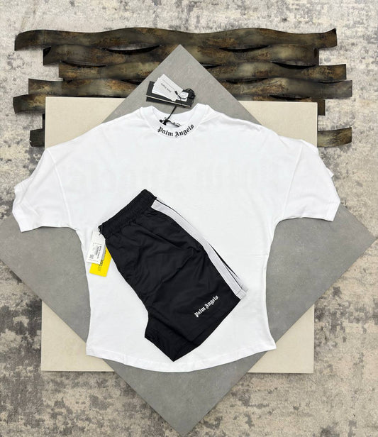 Palm Angels White Classic Logo Oversized T-Shirt and Black Track Shorts Set SuperClone Quality UK Reps