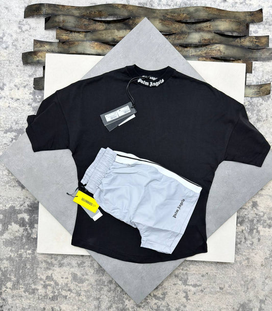 Palm Angels Black Oversized Classic Logo T-Shirt & Grey Track Shorts Set SuperClone Quality UK Reps