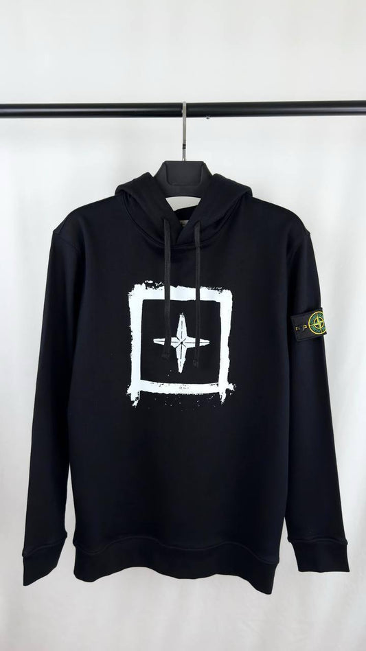 Stone Island Black Stencil Logo Hoodie - Compass Box Print UK Reps AAA Quality