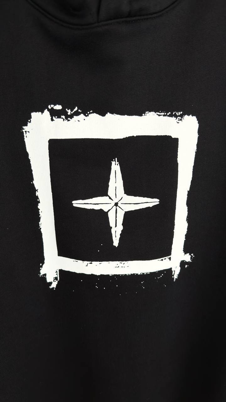 Stone Island Black Stencil Logo Hoodie - Compass Box Print UK Reps AAA Quality