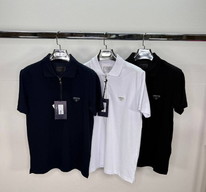 Prada Men's Luxury Enameled Triangle Logo Zip-Neck Polo Shirts AAA Quality Reps UK