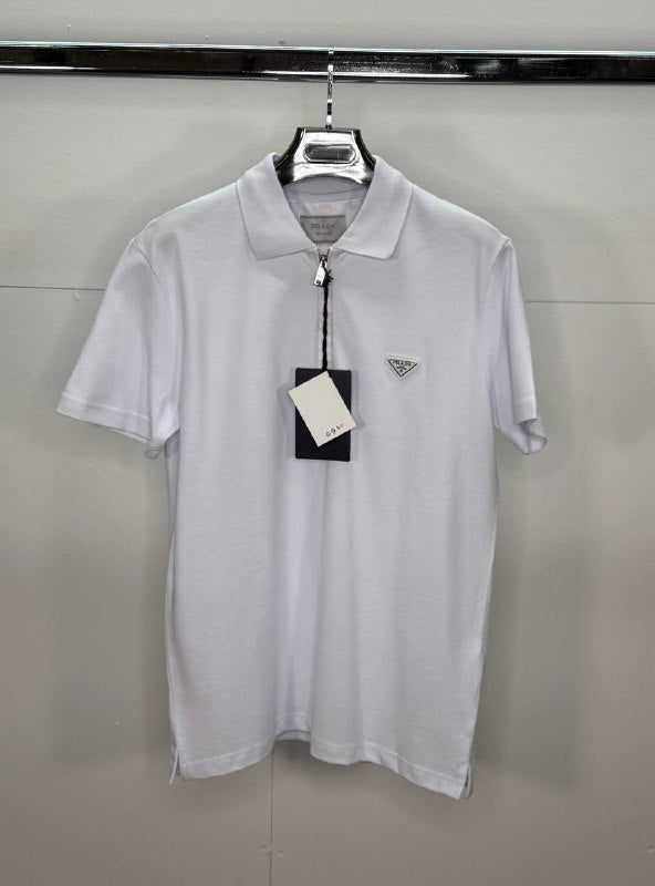 Prada Men's Luxury Enameled Triangle Logo Zip-Neck Polo Shirts AAA Quality Reps UK