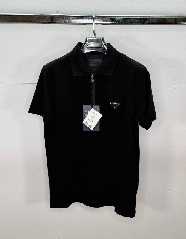 Prada Men's Luxury Enameled Triangle Logo Zip-Neck Polo Shirts AAA Quality Reps UK