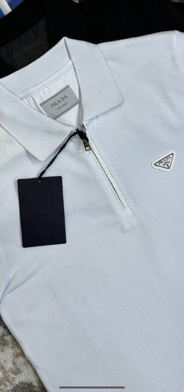 Prada Men's Luxury Enameled Triangle Logo Zip-Neck Polo Shirts AAA Quality Reps UK