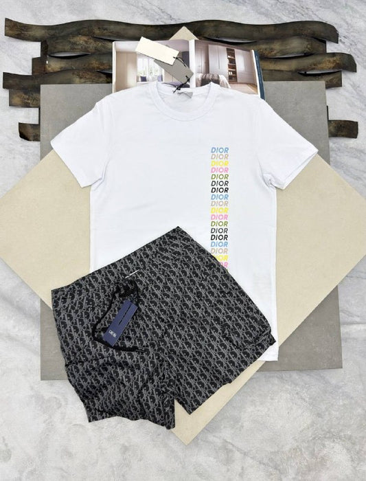 Dior Men's Vertical Multicolor Logo T-Shirt and Oblique Shorts Set AAA Quality Reps UK