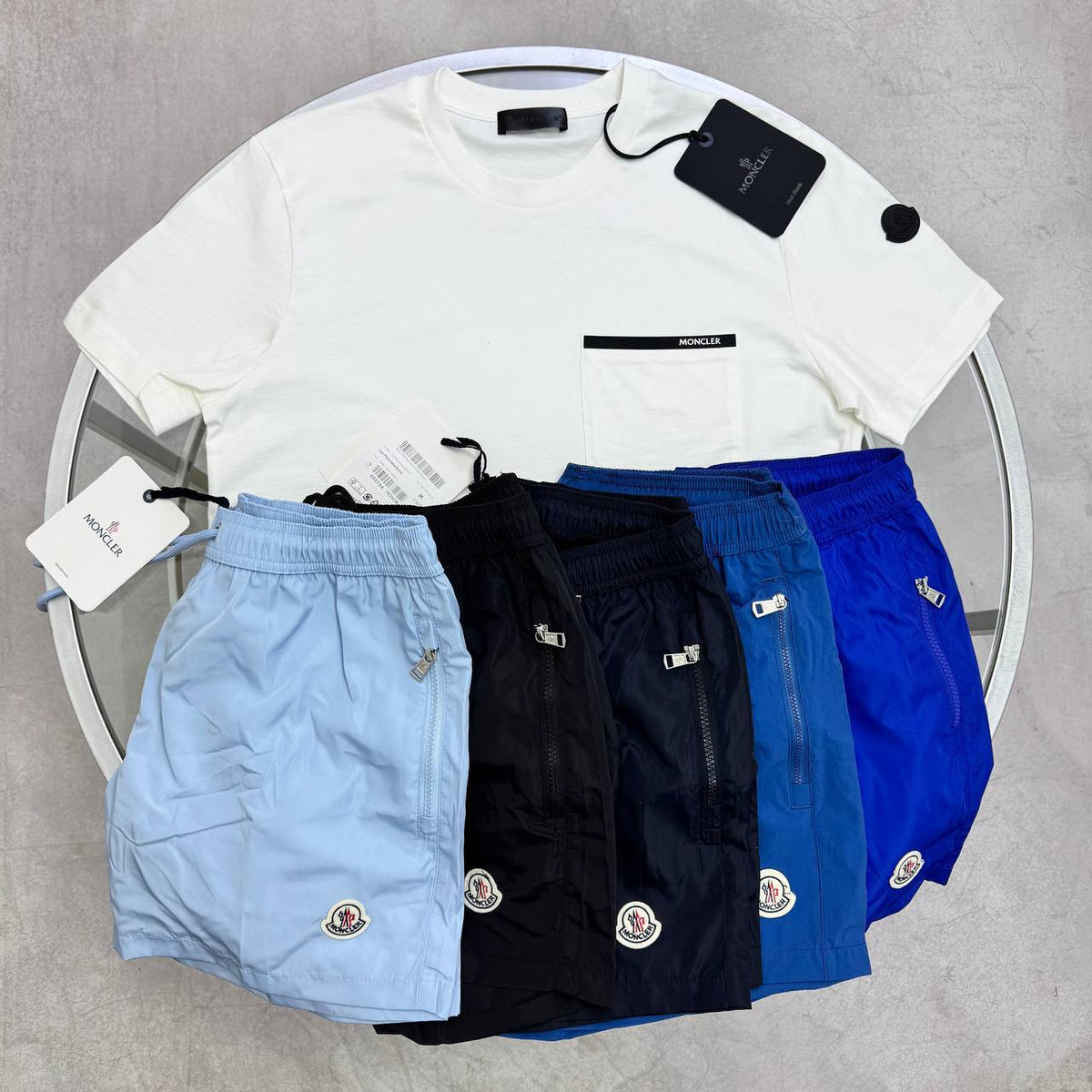 white Moncler pocket T-Shirt & Moncler Nylon Logo Swim Shorts SuperClone Quality UK Reps