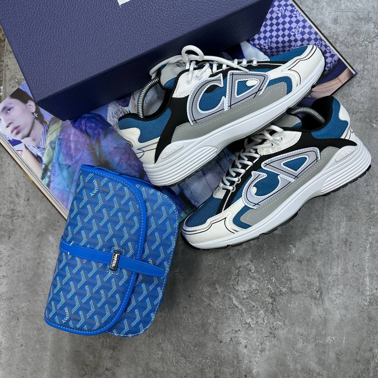 Christian Dior B30 Blue Mesh White Leather Sneakers with Goyard Clutch UK Reps AAA Quality