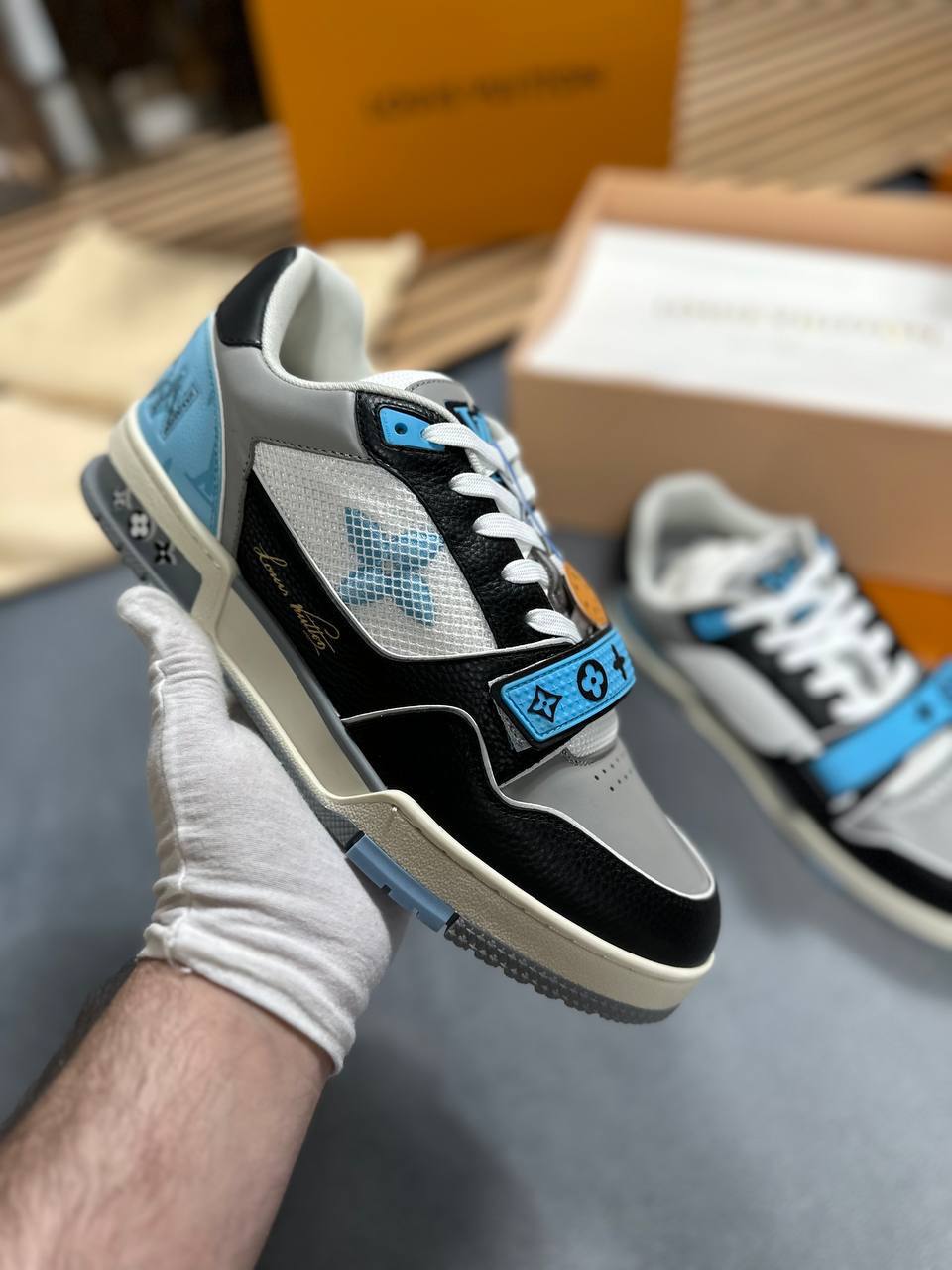 Louis Vuitton LV Trainer Black Blue Monogram Flower Sneakers for Men Sale UK