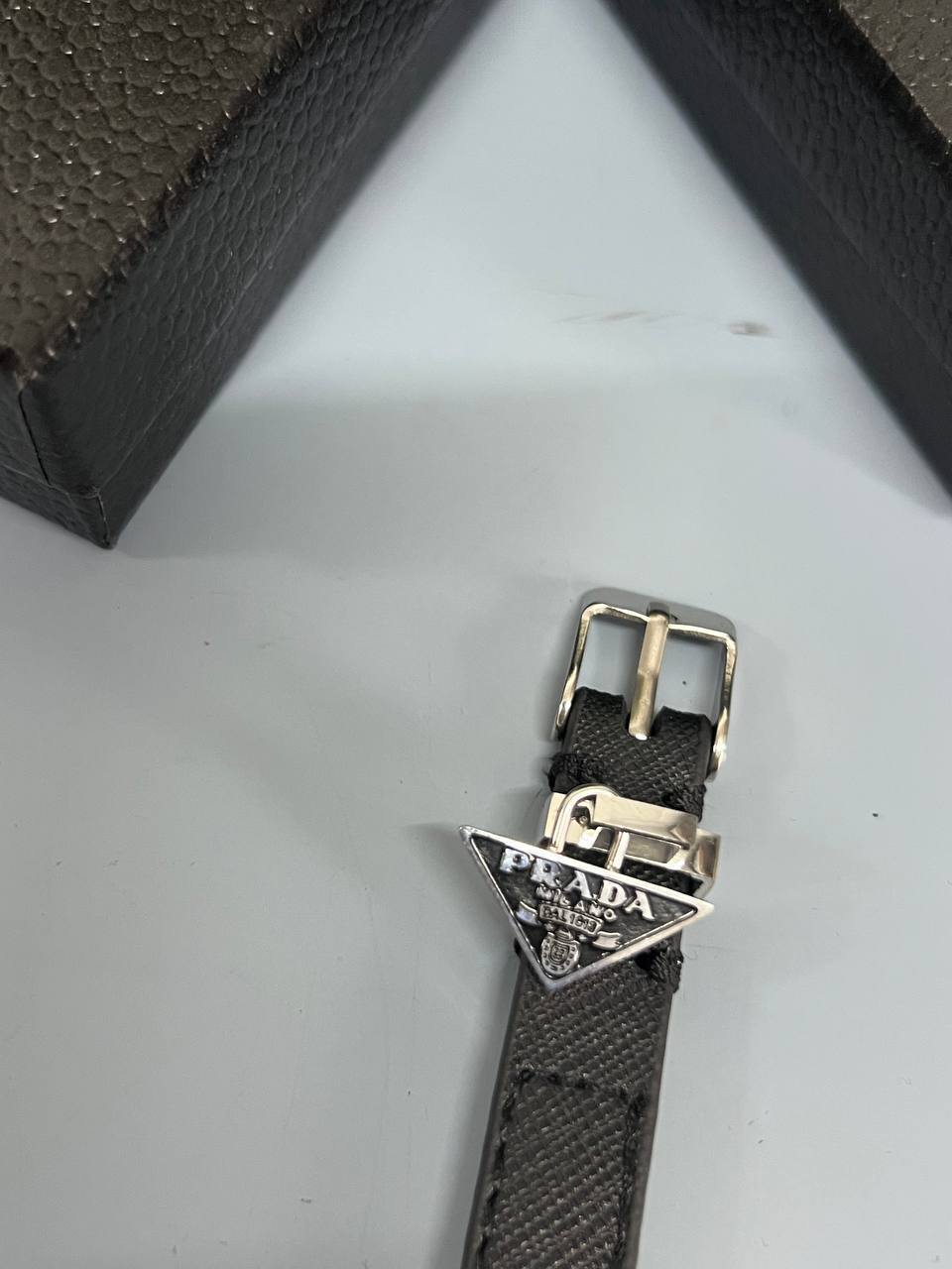 Prada Saffiano Leather Bracelet Brand Triangle Logo Silver-toned Mens Bracelet in Black Color UK Reps AAA Quality