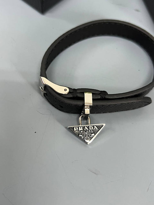 Prada Saffiano Leather Bracelet Brand Triangle Logo Silver-toned Mens Bracelet in Black Color UK Reps AAA Quality