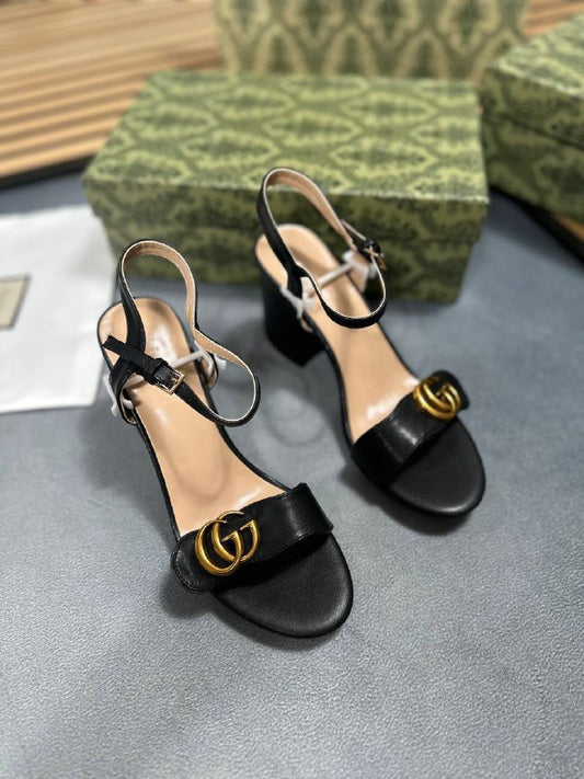 Gucci Marmont GG Black Leather Mid Heels Sandals Shoes Pumps for Women's UK Sale
