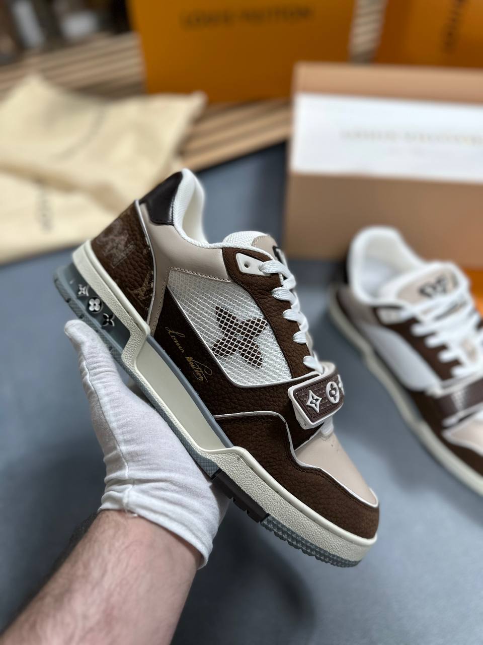 Louis Vuitton LV Trainer Brown Beige White Sneakers for Men Sale UK