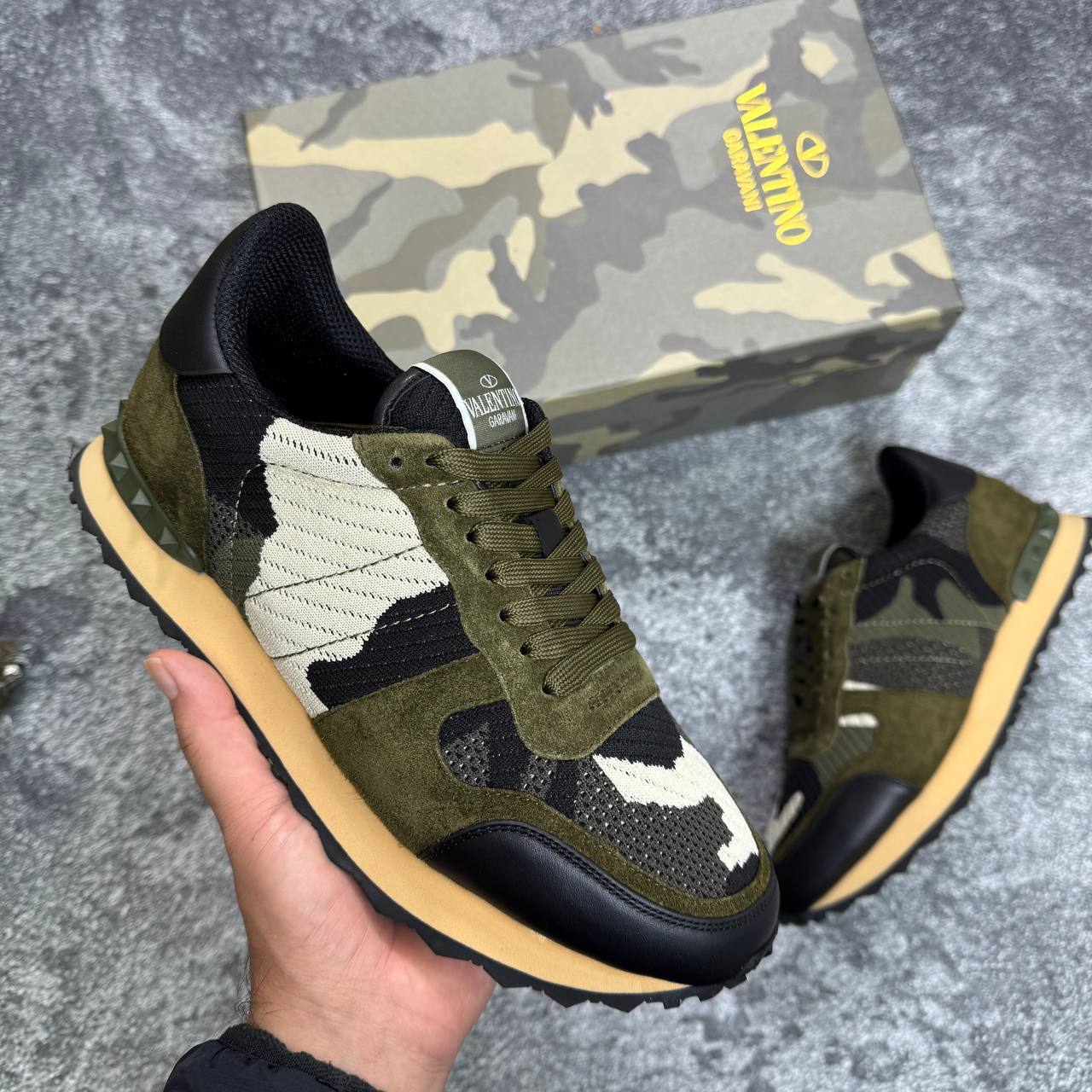 Valentino Mesh Fabric Camouflage Camo Mens Trainers in Green Best Sale UK Reps AAA Quality