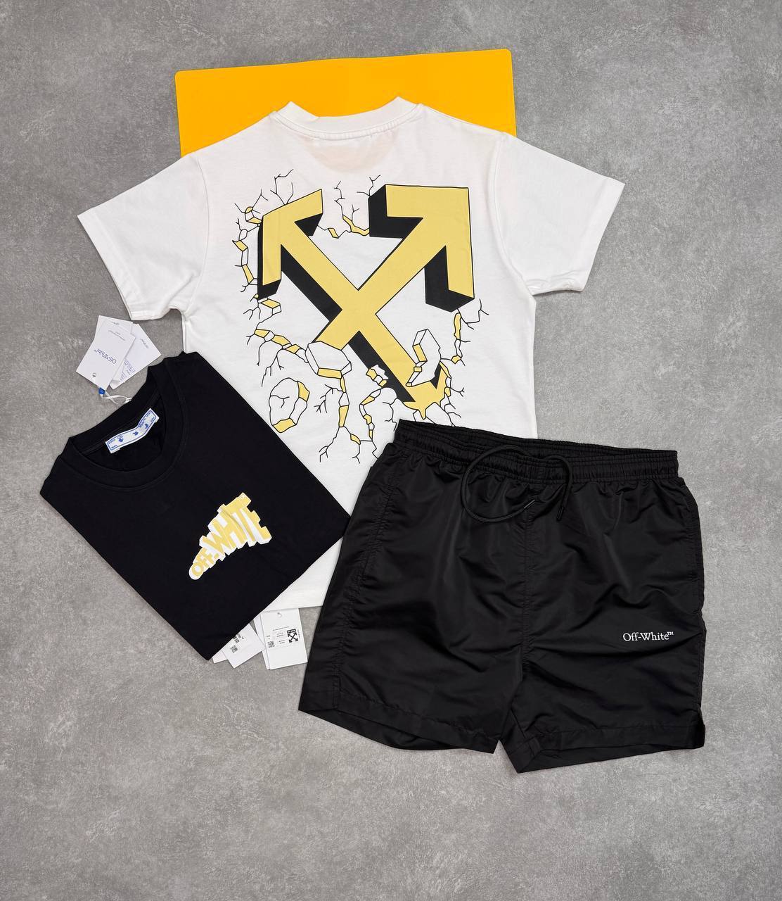 Off-White  Cartoon Arrow Slim Tee Short Sleeve Mens T-Shirts & Shorts Sets in Multiple Colors UK Reps AAA Quality