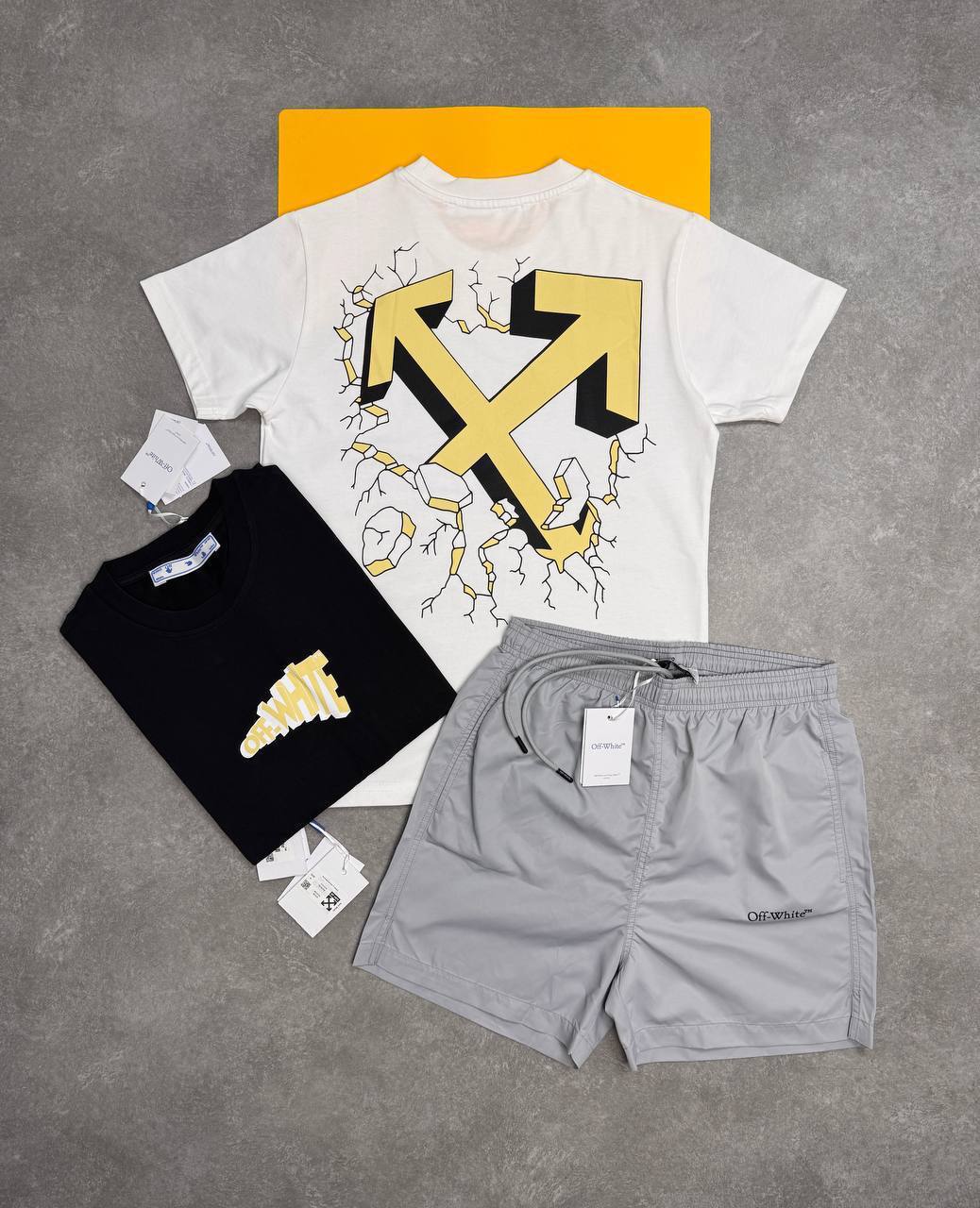 Off-White  Cartoon Arrow Slim Tee Short Sleeve Mens T-Shirts & Shorts Sets in Multiple Colors UK Reps AAA Quality