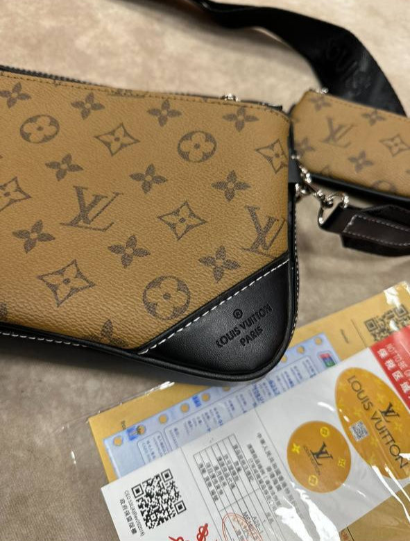 Louis Vuitton Strong Leather Trio Bag Men Women in Brown Colors UK Reps AAA Quality